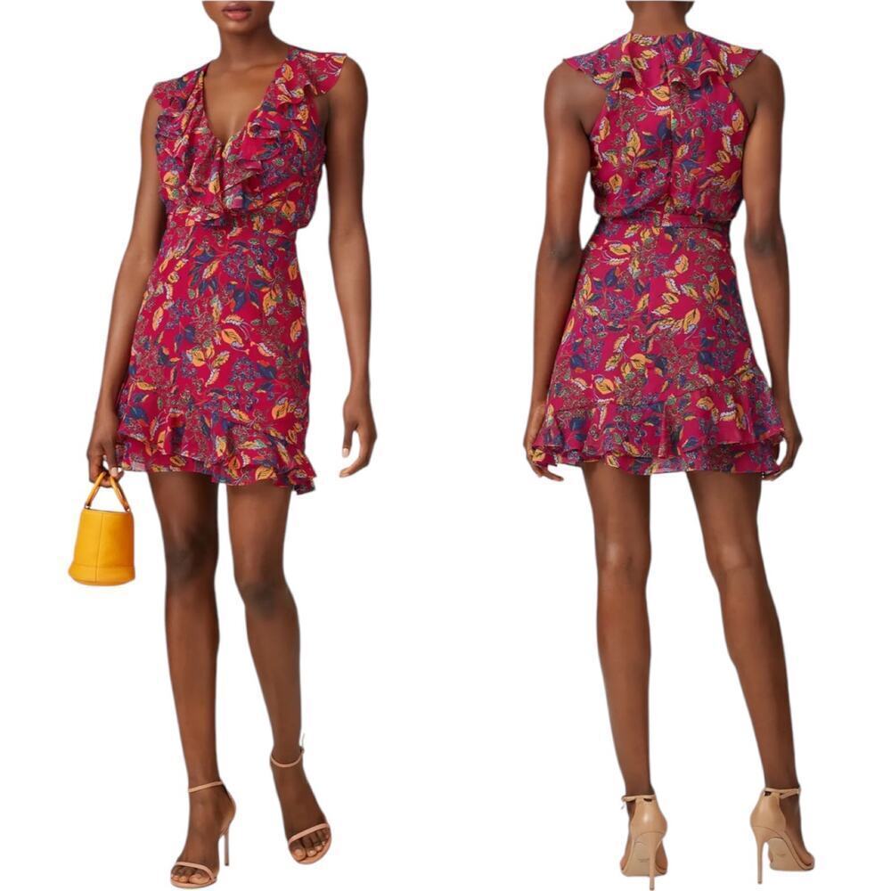 Saloni Silk Cece Dress in Dark Pink Floral w/ Small Flaw Size 0
